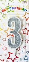 Свічка - цифра на торт «3» біла з сріблом