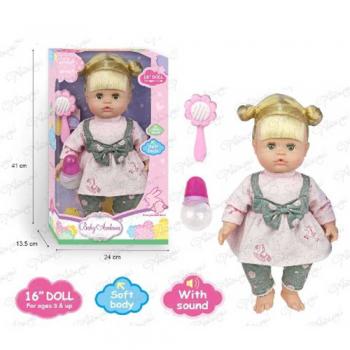 Лялька DH2223C-E мягконабивна, 37 см, пляшечка, гребінець
