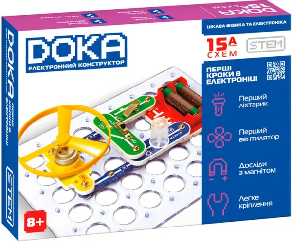 Конструктор електронний DOKA "ПЕРШІ КРОКИ В ЕЛЕКТРОНІЦІ" (Набір А, 15 схем)